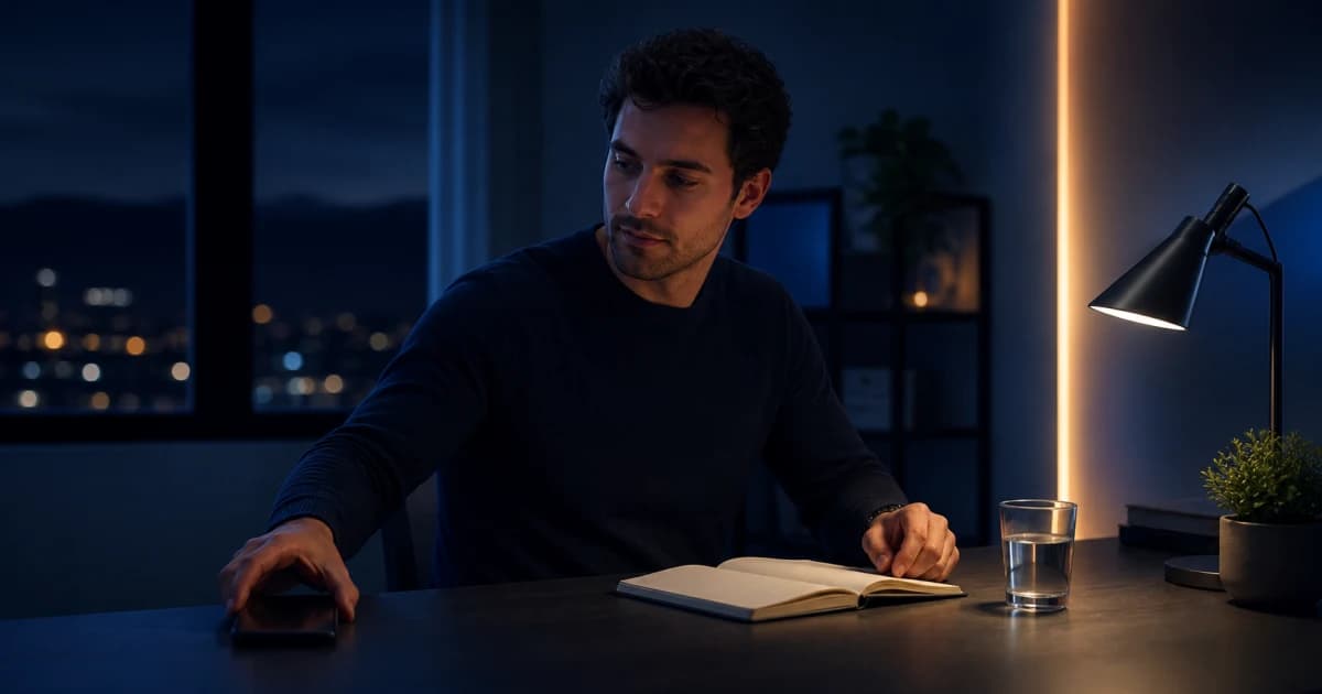 A person placing a blank phone face-down before opening a notebook in a calm blue night setting