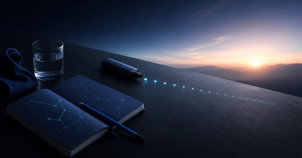 A dark blue trigger-planning notebook, glass of water, and unbranded vape beside a path of lights toward sunrise