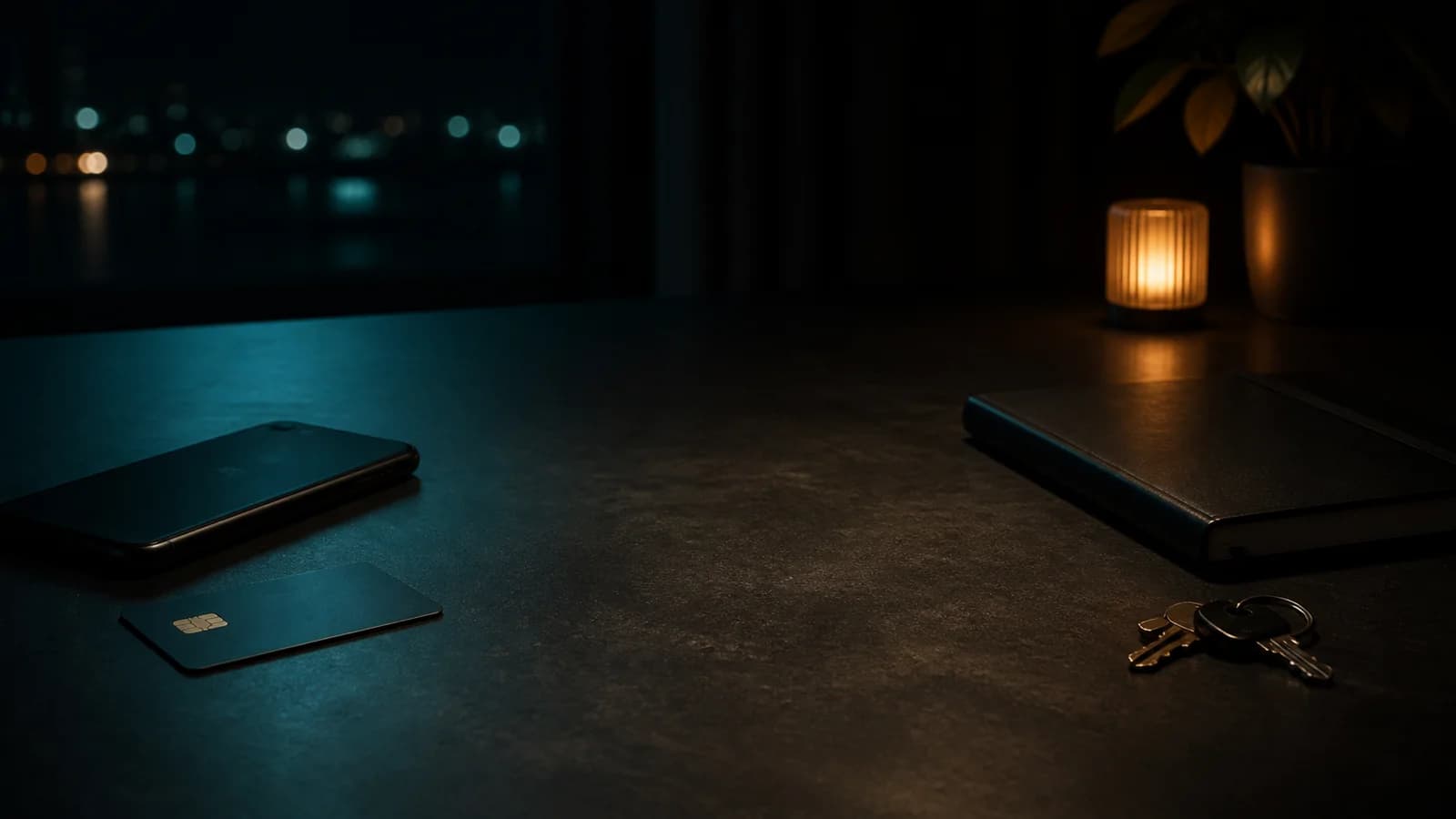 A phone and payment card placed out of reach on a dark table with a clear pause space, closed notebook, and keys