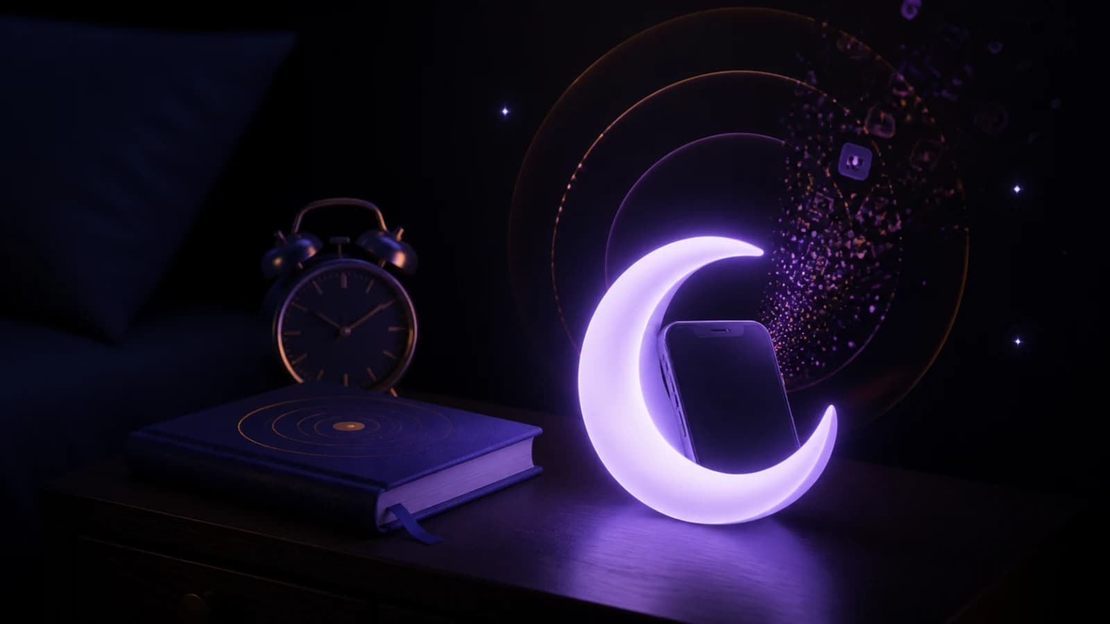 Nightstand crescent cradle holding a phone while the feed dissolves beside a book and alarm clock