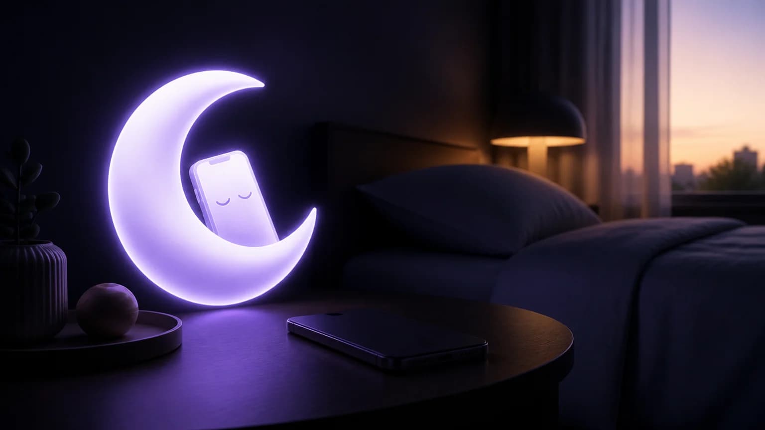A phone lies face down beside a crescent lamp, a book, and a glass of water in soft morning light