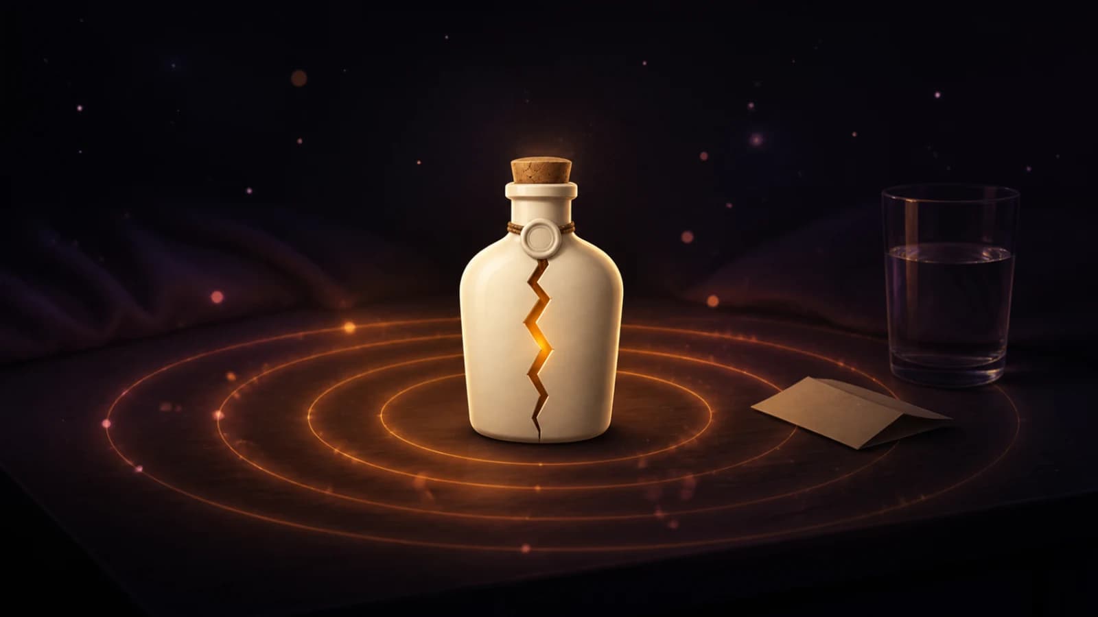 Quit Alcohol cream bottle with an amber crack surrounded by four soft light rings beside water and a folded note