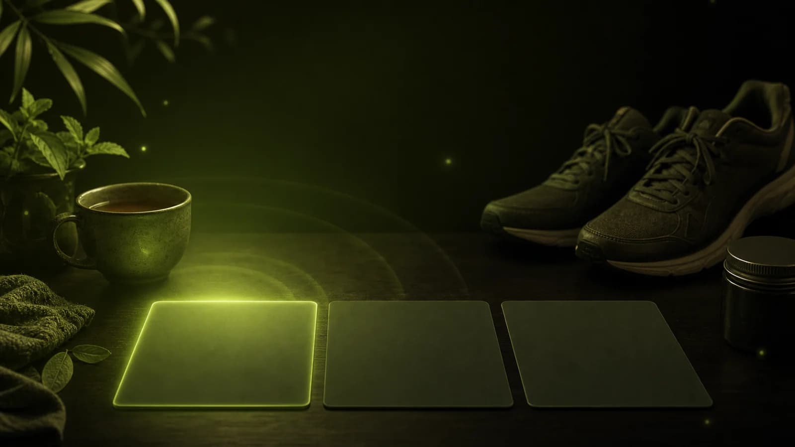 A closed cannabis container set away from a green evening plan card, tea, and walking shoes