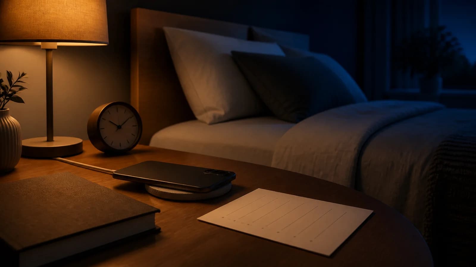 A phone resting face-down on a charger away from the bed beside a blank bedtime plan, book, and analog alarm clock