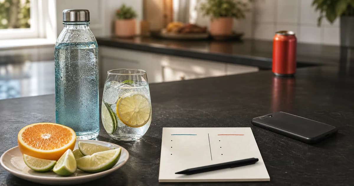 Cold water and citrus beside a simple trigger and replacement plan, with a soda can moved out of reach