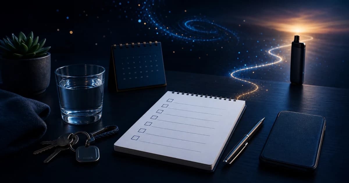 A written quit vaping plan beside a calendar, water, keys, and a phone, with the vape placed out of reach