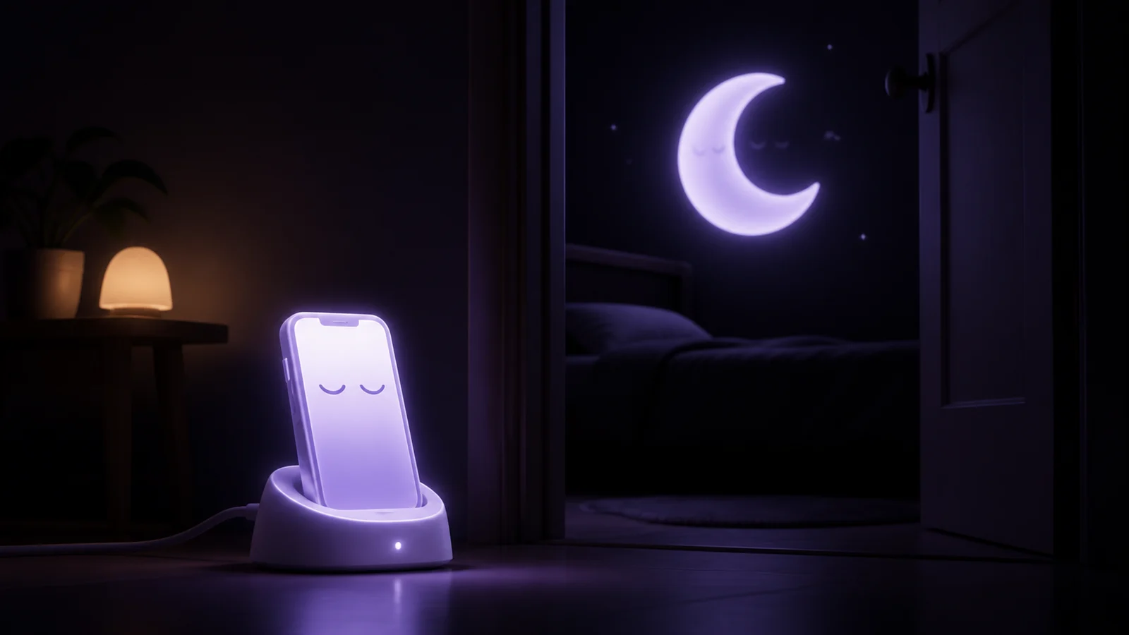 Sleepy phone mascot charging outside an open bedroom doorway under a lavender moon