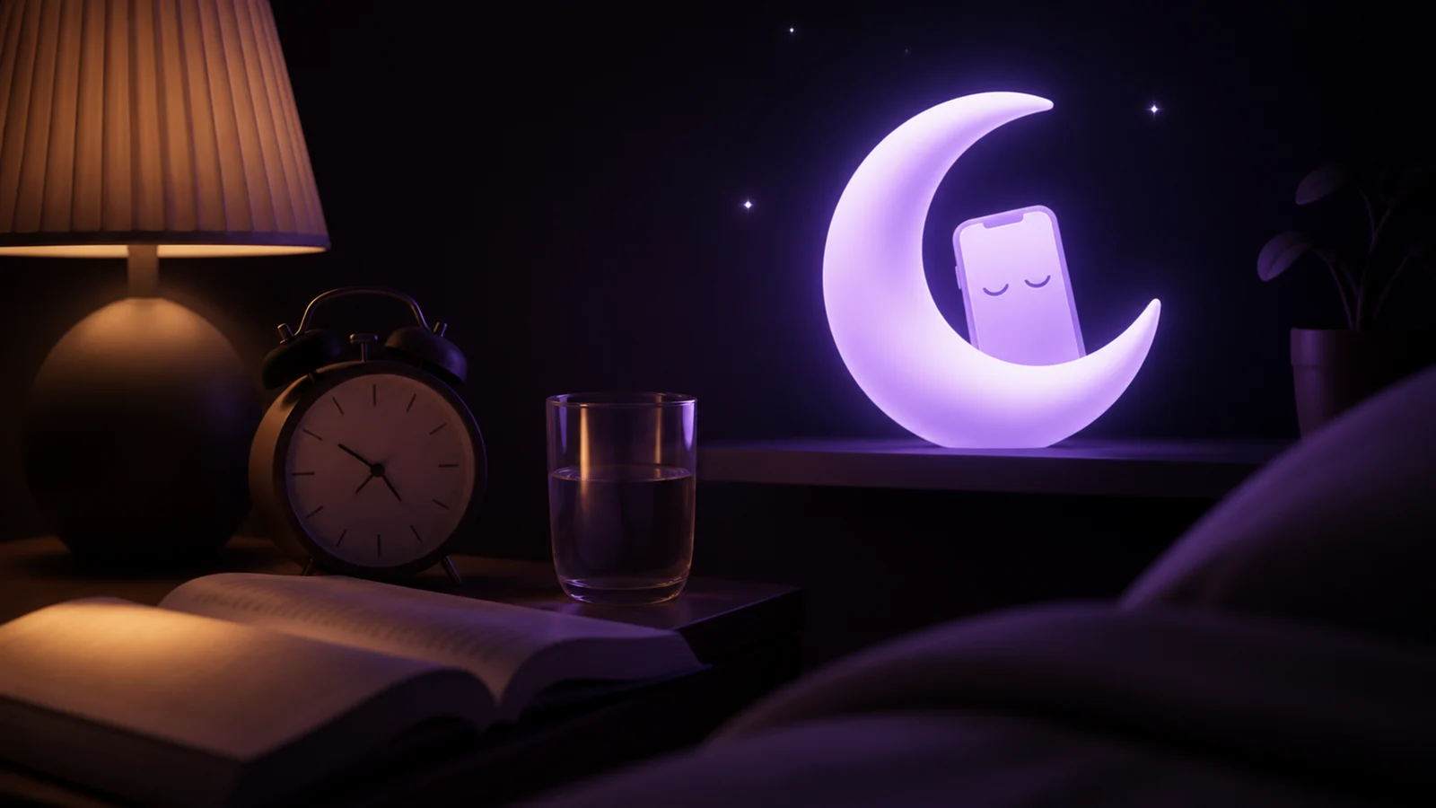 Paper book, analog clock, water, and sleepy phone mascot resting away from the bed