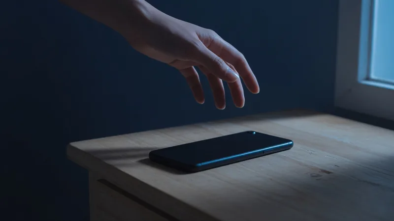 Hand pausing above a face-down phone on a nightstand in dim blue light