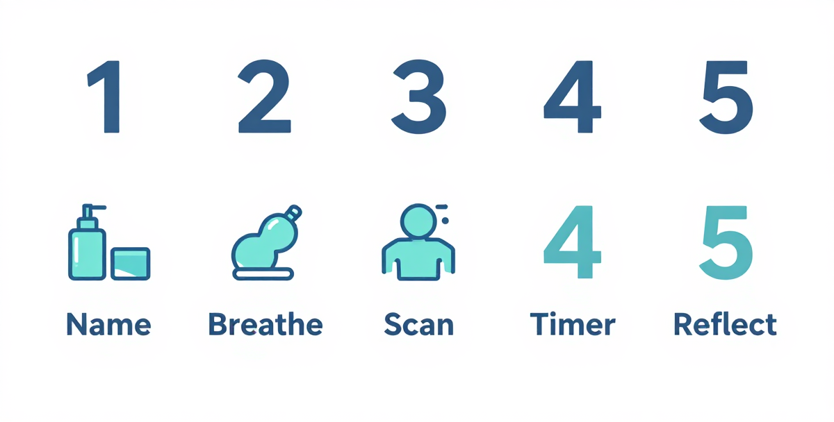 Five-step urge surfing method: Name, Breathe, Scan, Timer, Reflect - a visual guide for managing nicotine cravings