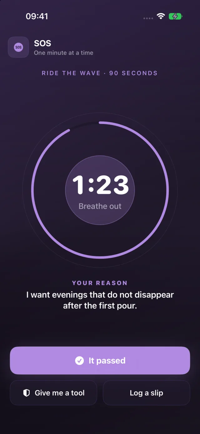 Quit Alcohol's SOS: ninety seconds against the urge, your reason on screen