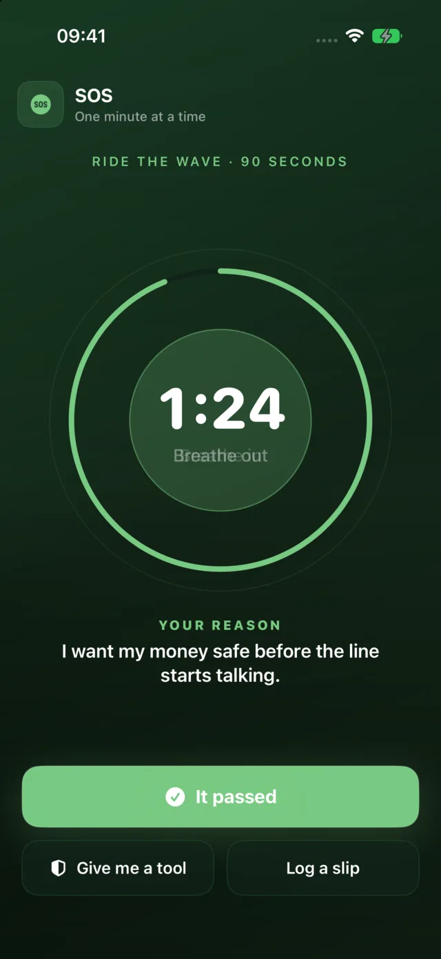 Quit Betting's SOS: ninety seconds against the urge, your reason on screen