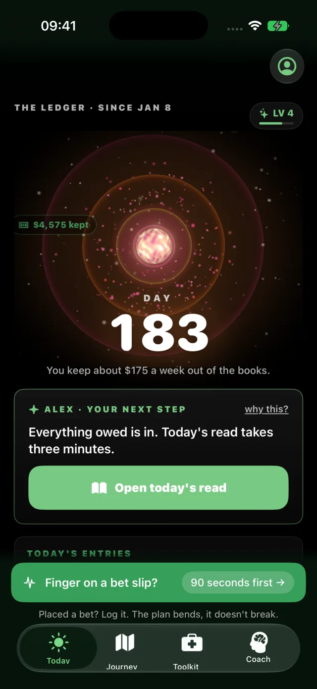 Quit Betting's Today screen on day 183 of the demo account, the SOS pill one tap away