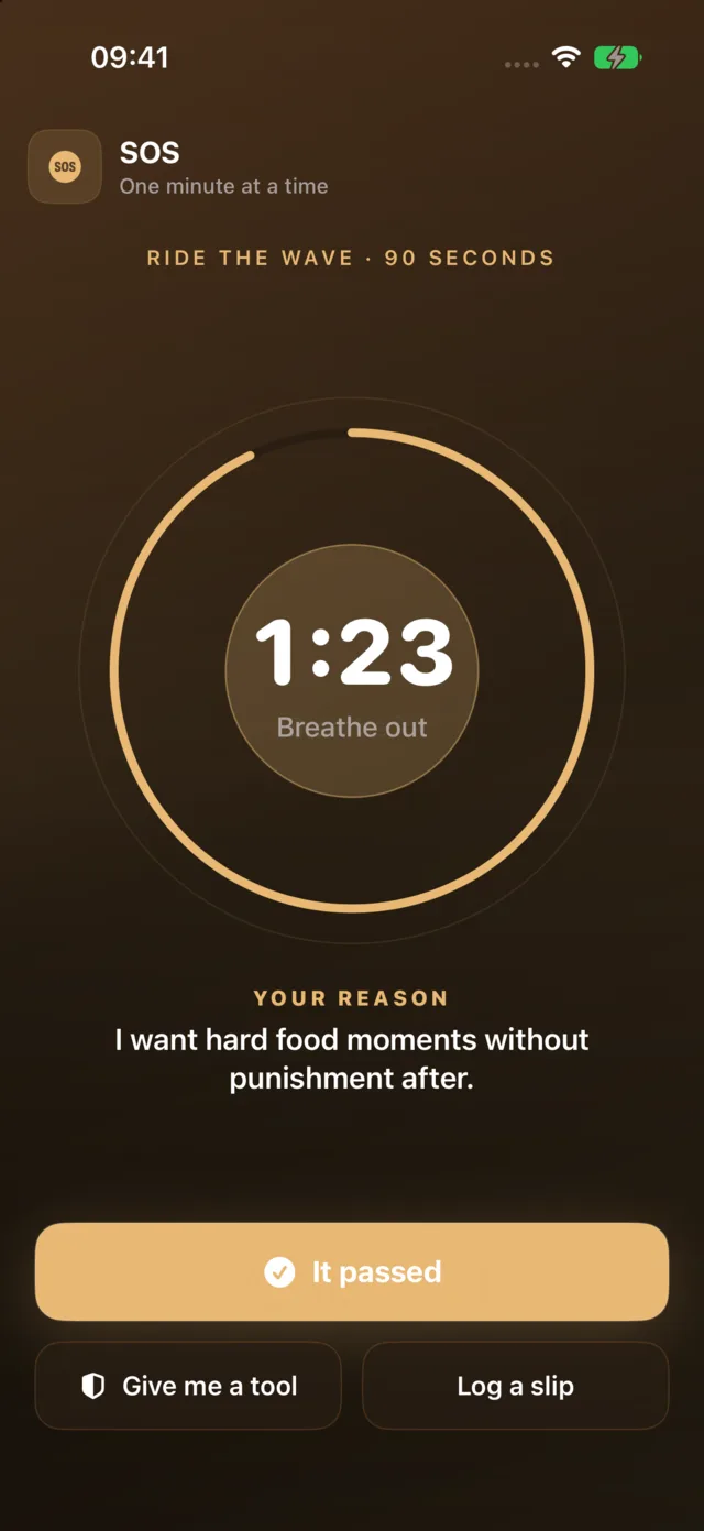 Quit Binge Eating's SOS: ninety seconds against the urge, your reason on screen