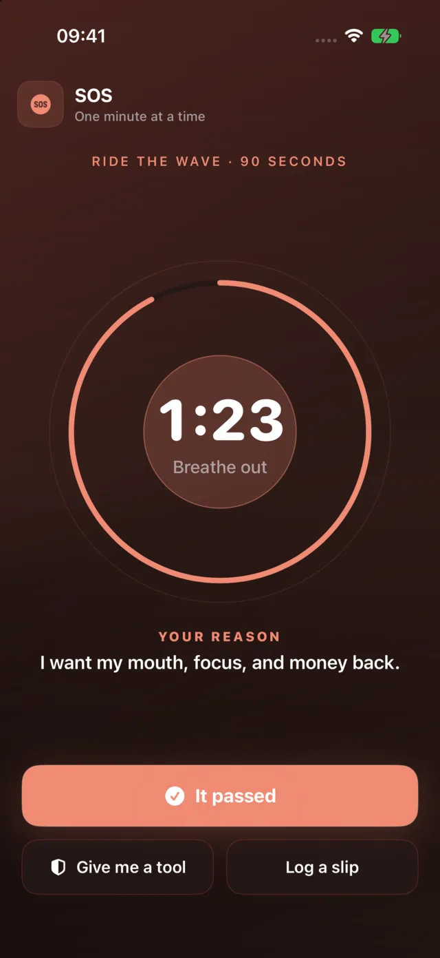 Quit Nicotine Pouches's SOS: ninety seconds against the urge, your reason on screen
