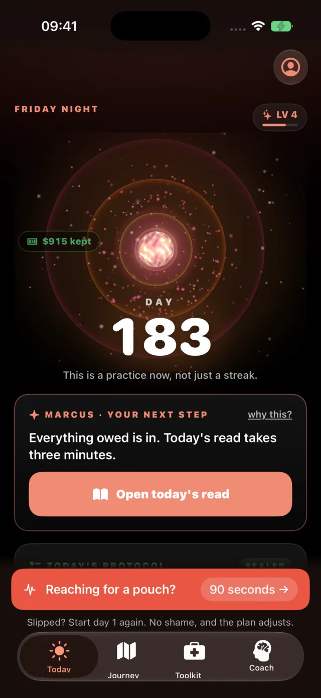 Quit Nicotine Pouches's Today screen on day 183 of the demo account, the SOS pill one tap away