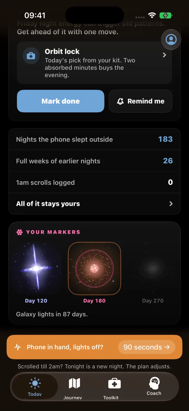 Quit Phone in Bed's progress screen on day 183 of the demo account