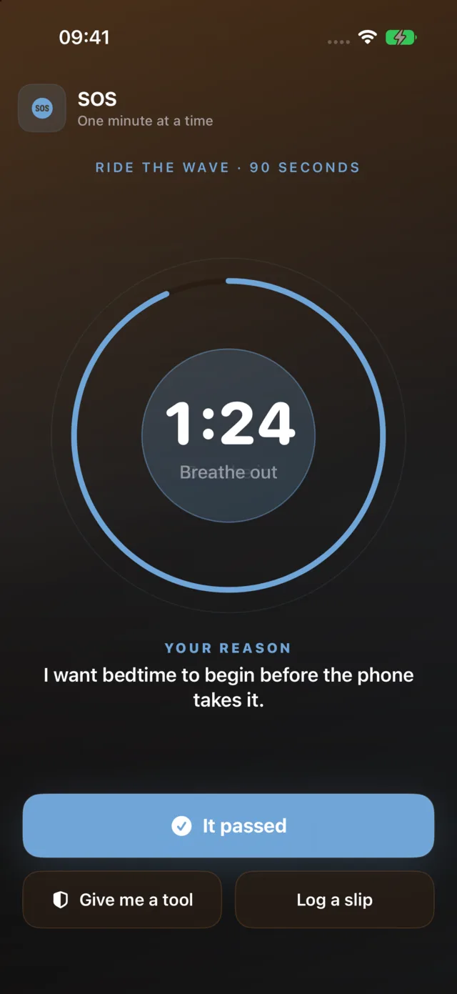 Quit Phone in Bed's SOS: ninety seconds against the urge, your reason on screen