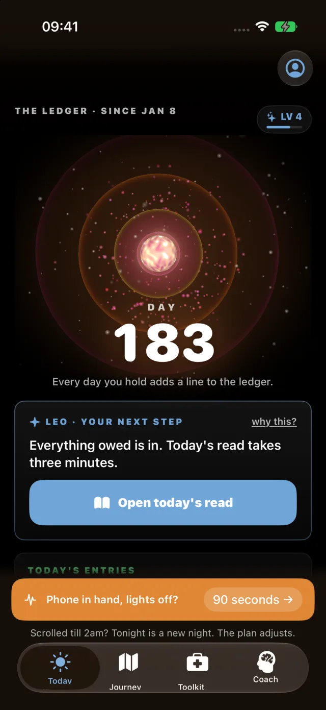 Quit Phone in Bed's Today screen on day 183 of the demo account, the SOS pill one tap away