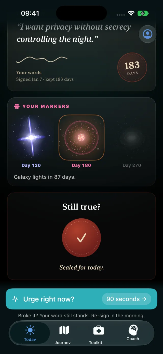 Quit Porn's progress screen on day 183 of the demo account