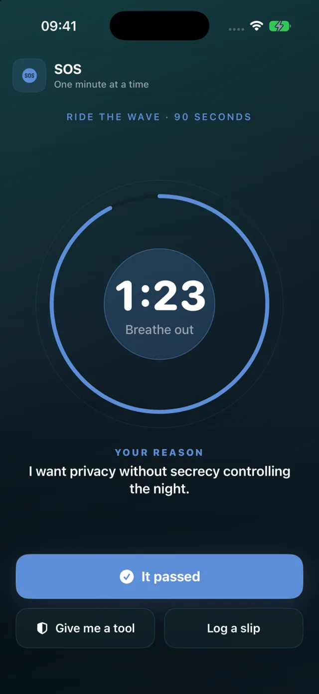 Quit Porn's SOS: ninety seconds against the urge, your reason on screen