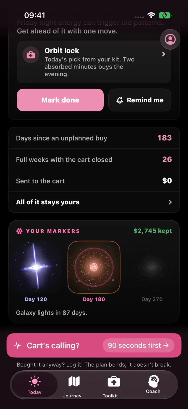 Quit Shopping's progress screen on day 183 of the demo account