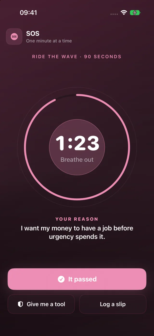 Quit Shopping's SOS: ninety seconds against the urge, your reason on screen