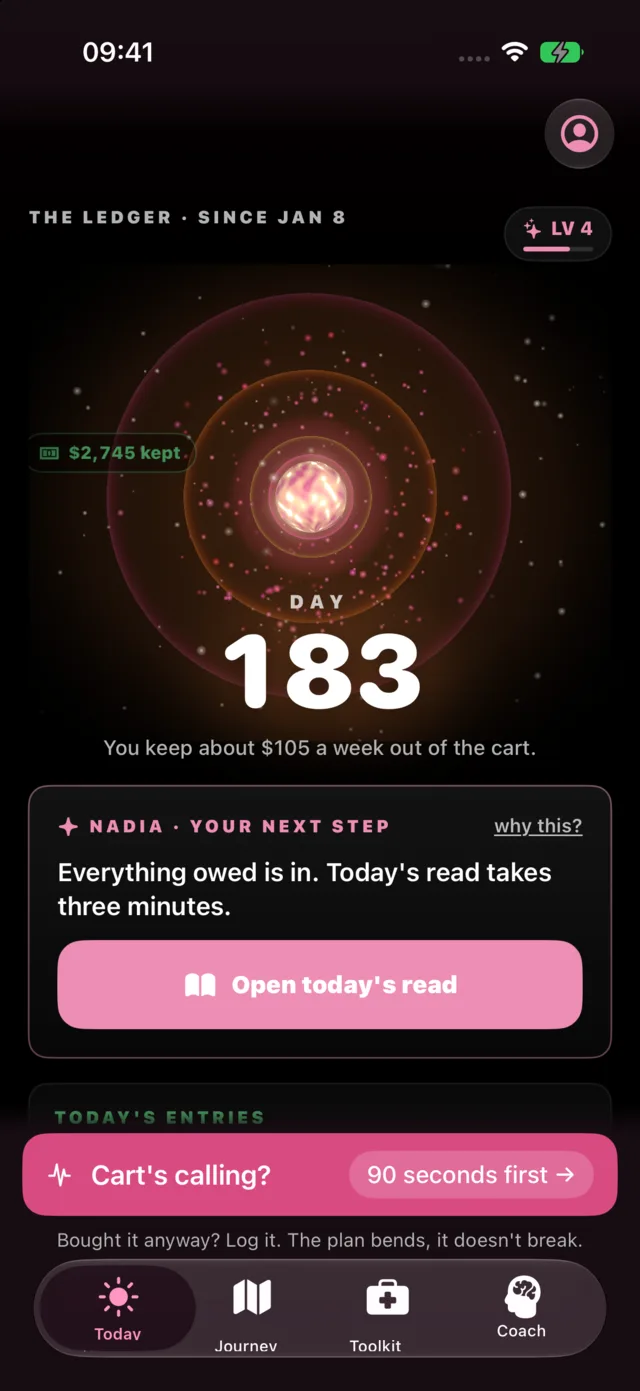Quit Shopping's Today screen on day 183 of the demo account, the SOS pill one tap away