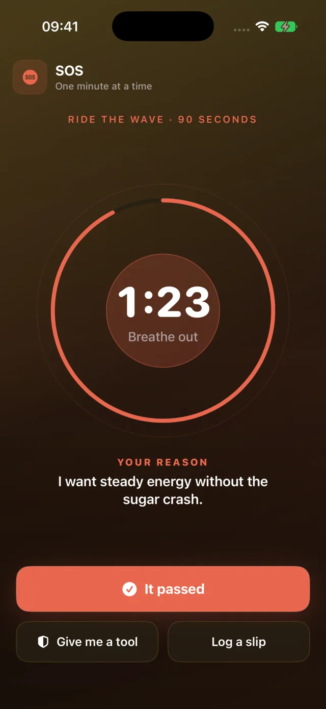 Quit Soda's SOS: ninety seconds against the urge, your reason on screen