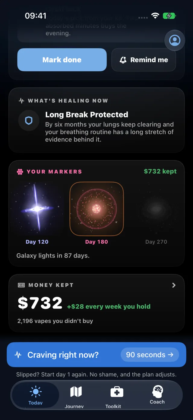 Quit Vaping's progress screen on day 183 of the demo account