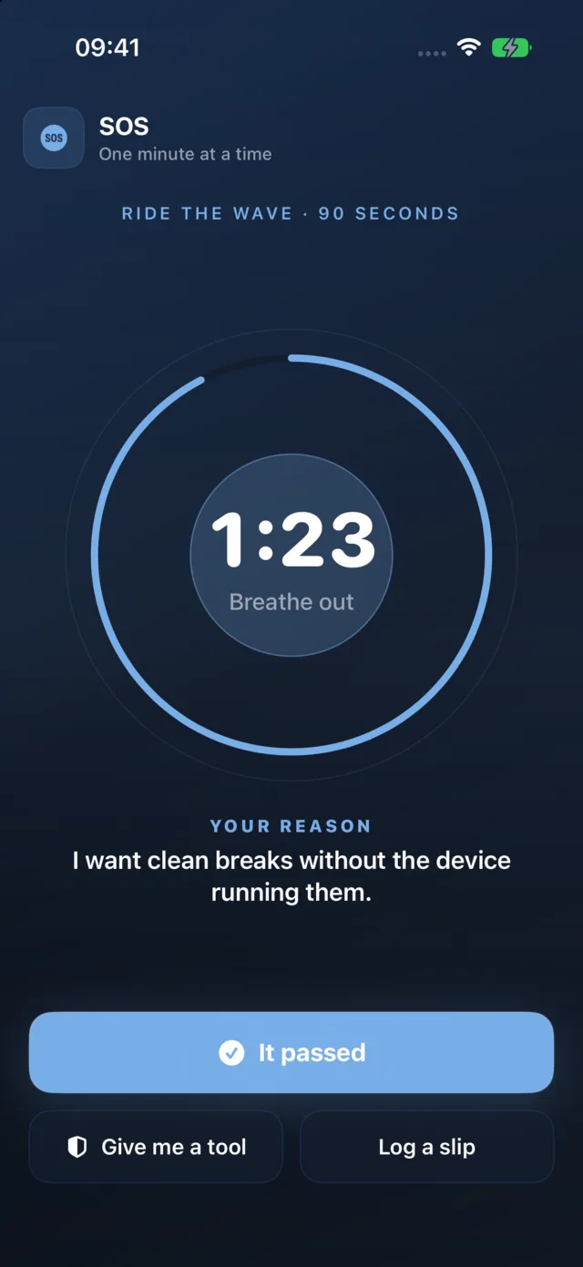 Quit Vaping's SOS: ninety seconds against the urge, your reason on screen