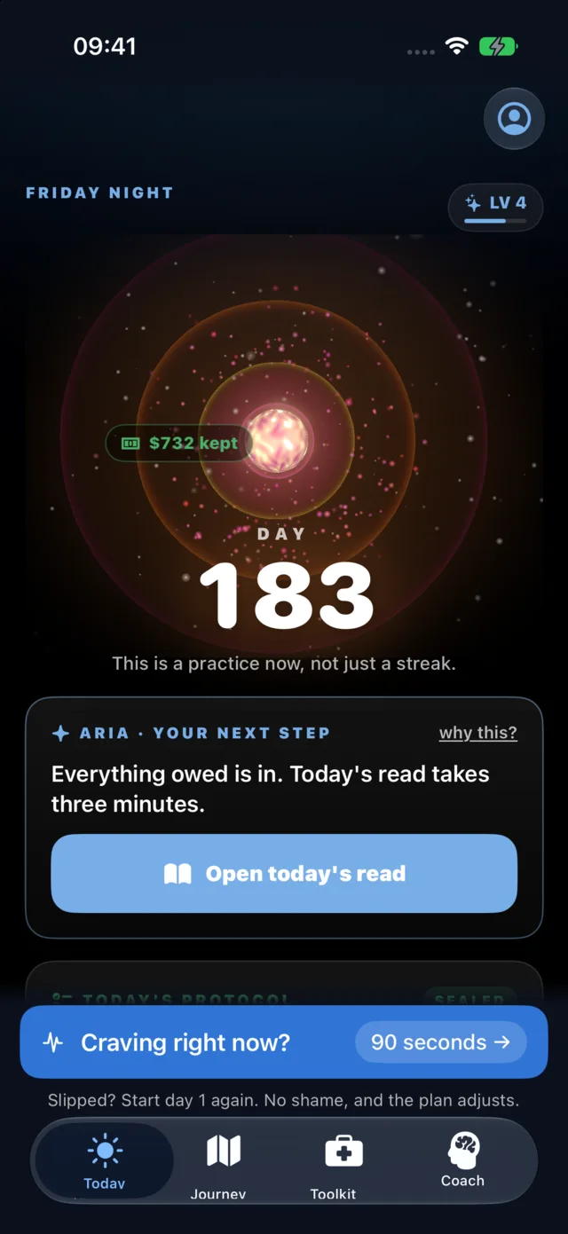 Quit Vaping's Today screen on day 183 of the demo account, the SOS pill one tap away