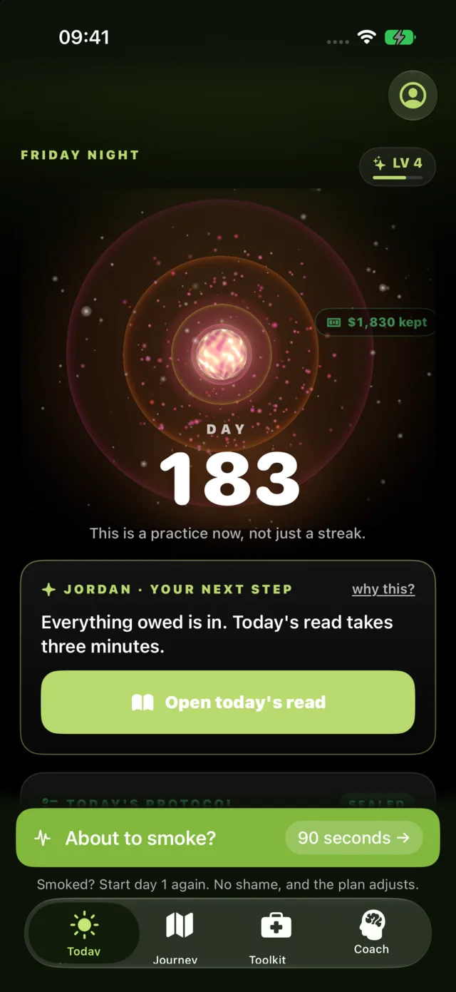 Quit Weed's Today screen on day 183 of the demo account, the SOS pill one tap away
